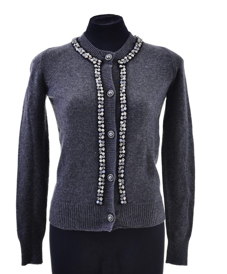 Chanel Grey Cashmere Cardigan with Faux Pearl Trim - Clothing - Women's