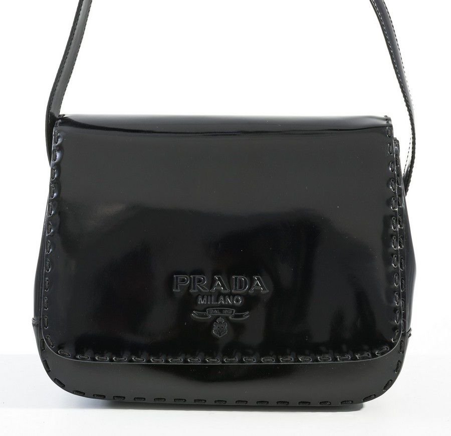 Prada Black Leather Shoulder Bag with Logo Embossing - Handbags