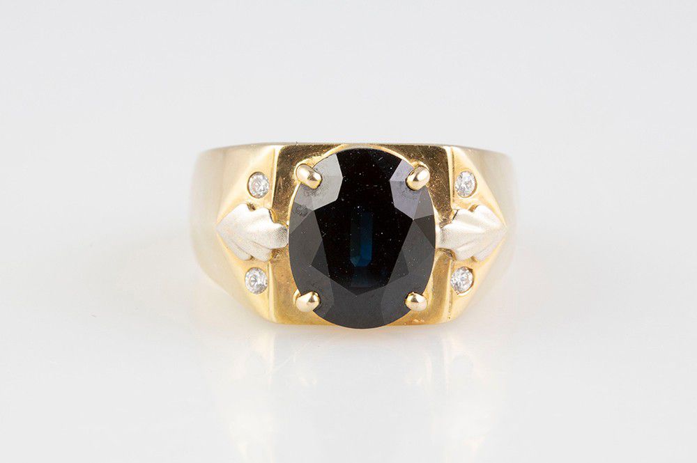 Dark Blue Sapphire Gents Ring with Diamond Accents - Rings - Jewellery