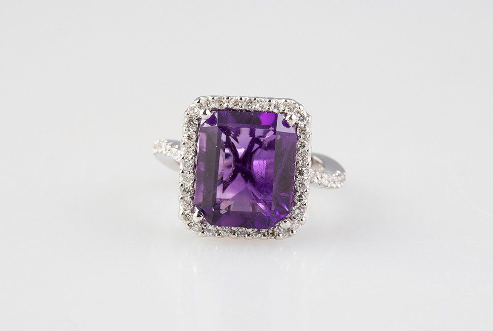 Amethyst & Diamond Cluster Ring in 18ct White Gold - Rings - Jewellery