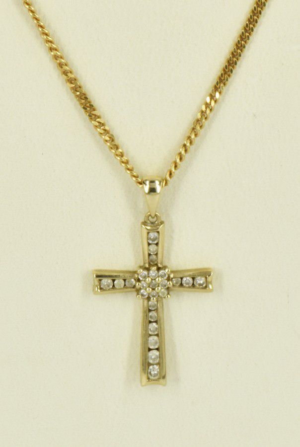 9ct Gold Diamond Cross Pendant on 18ct Gold Chain - Pendants/Lockets ...