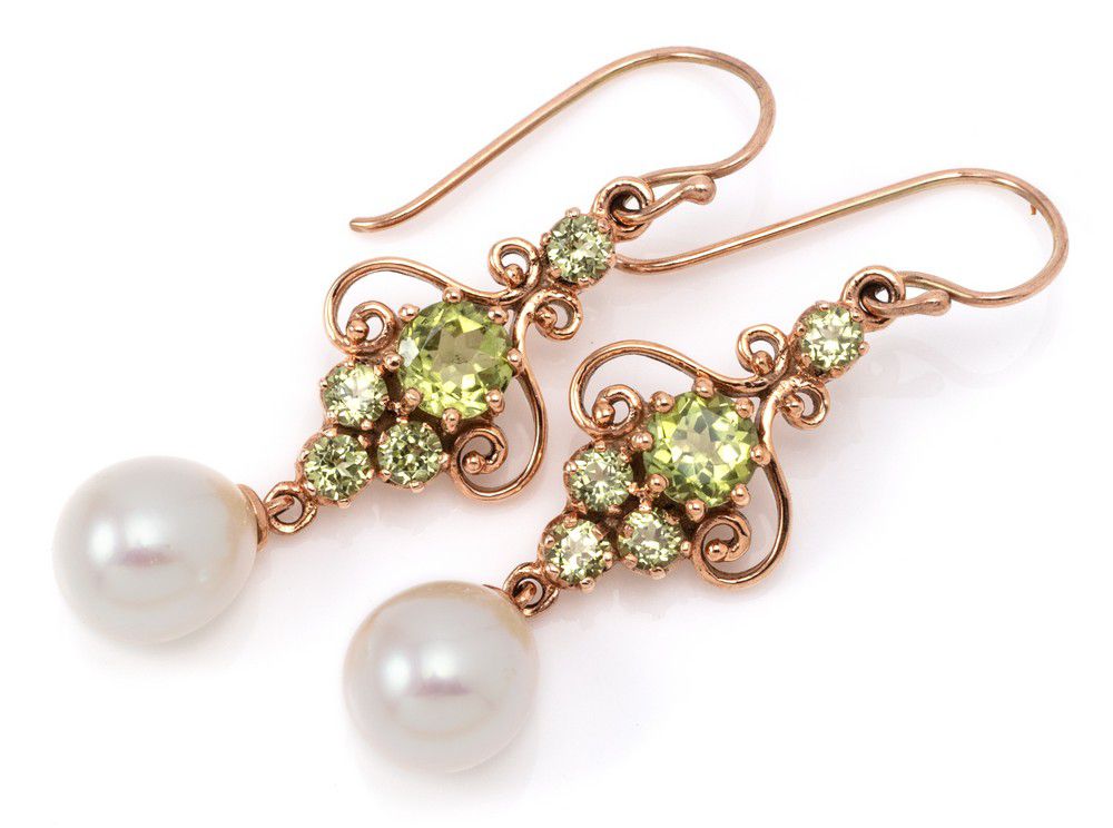 Peridot and Pearl Nouveau Drop Earrings Earrings Jewellery