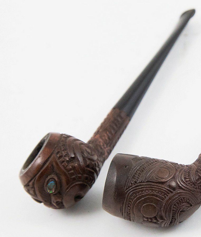 Carved Wooden Pipe with Multiple Tiki Figures - New Zealand Maori - Tribal