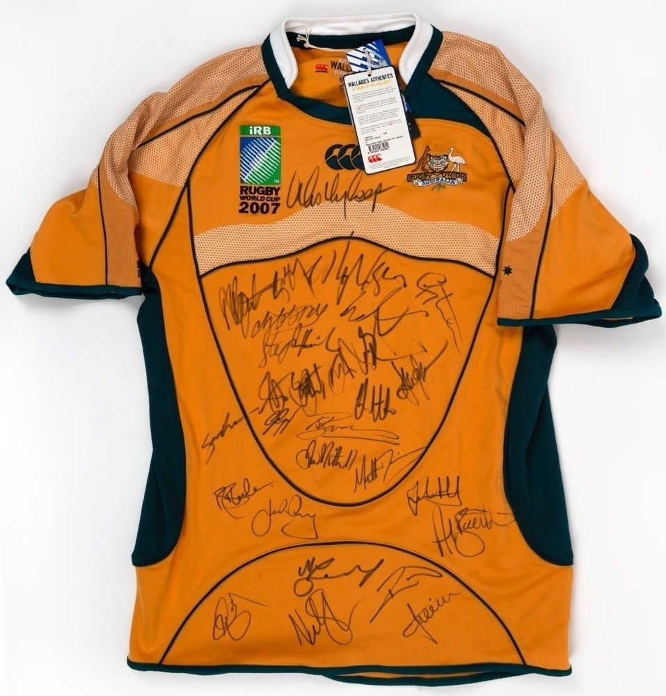 T-shirt Vintage Australia Wallabies Rugby 2007 - Manches Longues Jaune - Taille L - Occasion