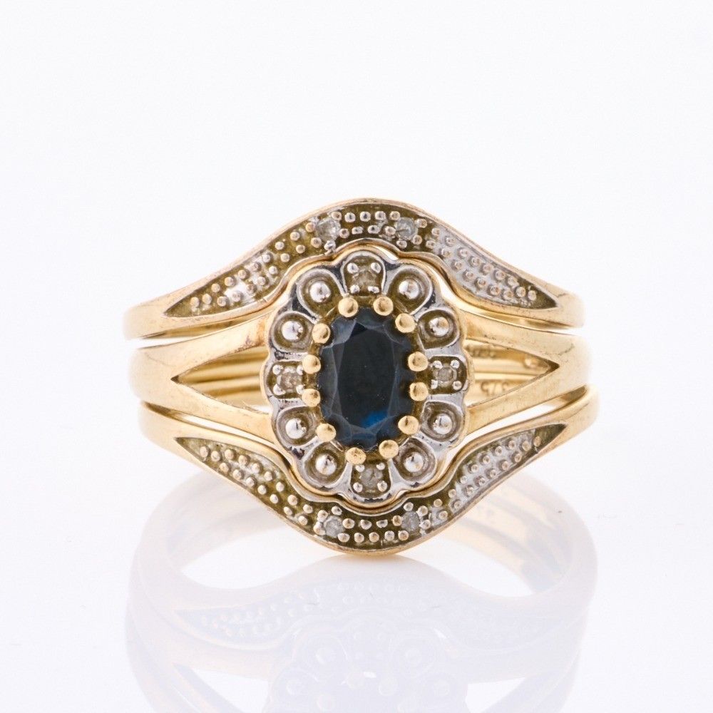 Vintage 9ct Gold Sapphire Cluster and Diamond Ring Set - Rings - Jewellery