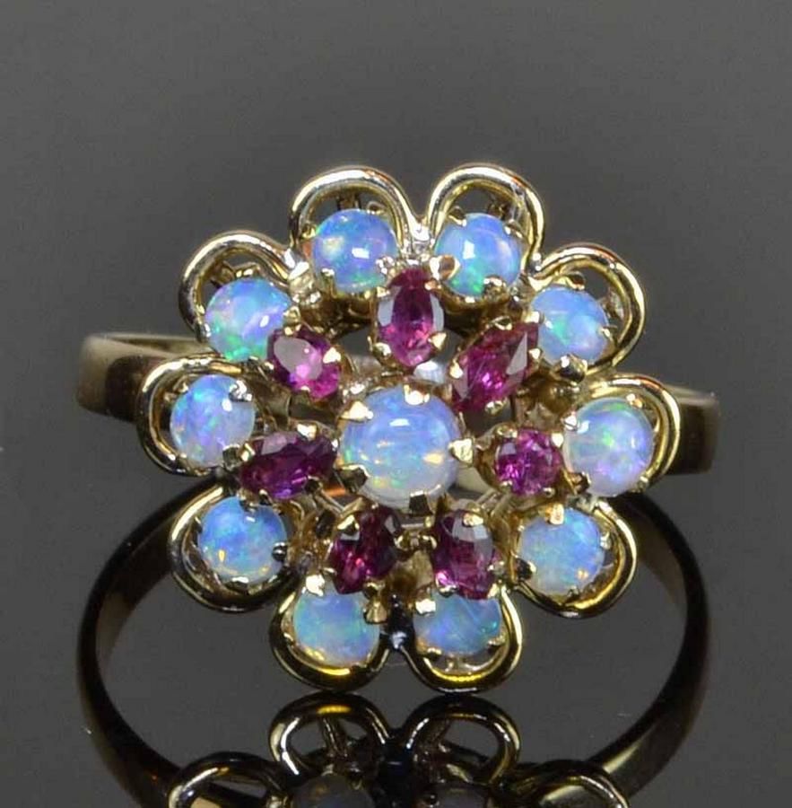 Opal and Ruby Flower Ring in 18ct Gold - Rings - Jewellery