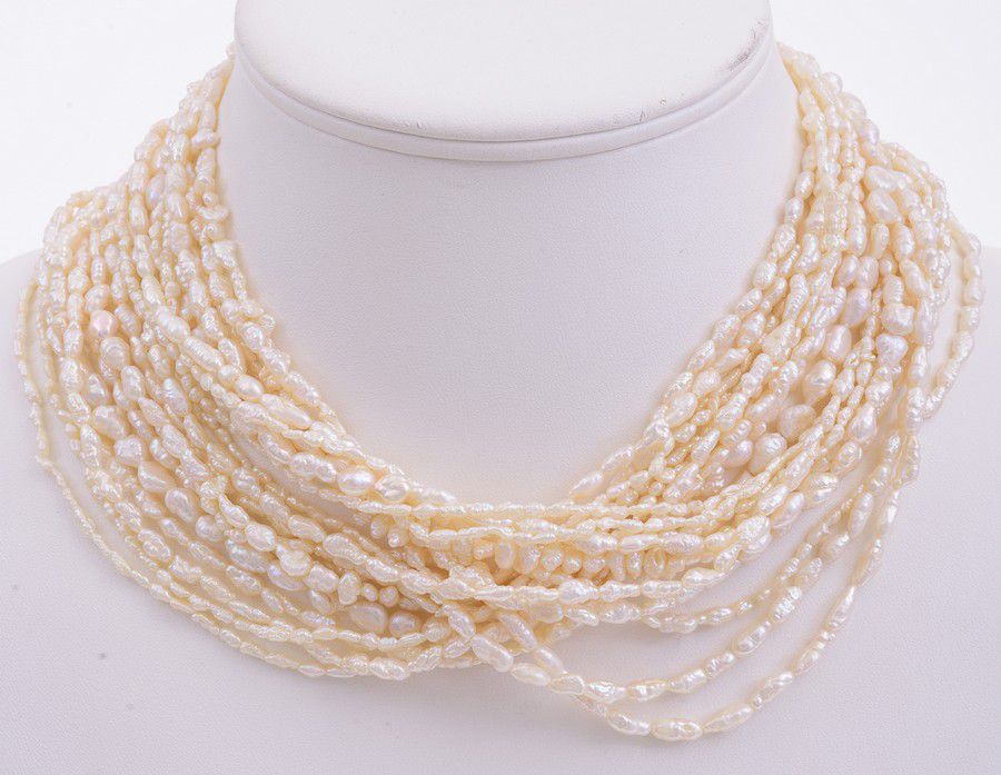 Multi strand  Gray Fresh Water Barrel Pearls Necklace with Silver Clasp