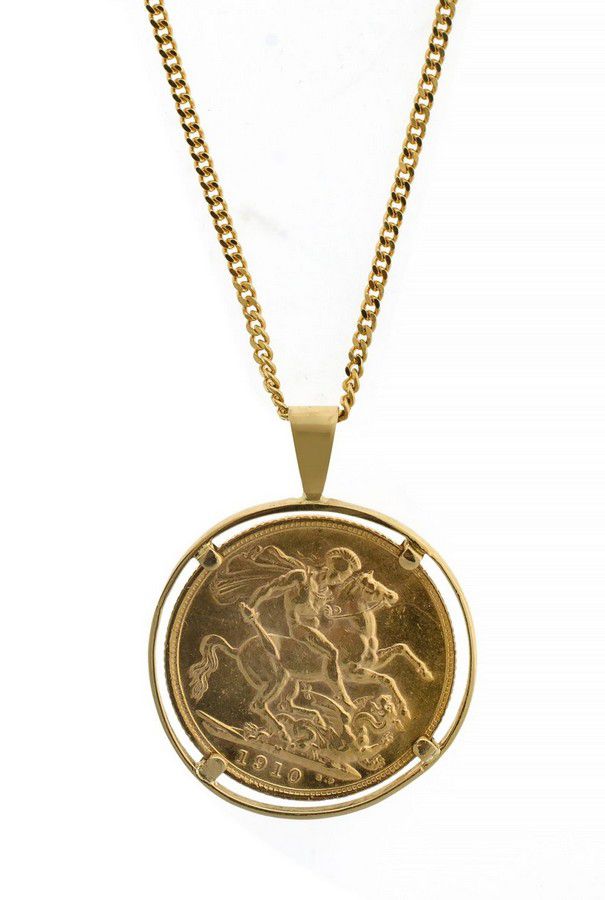 1910 Melbourne Gold Sovereign with 18ct Mount and Chain - Necklace ...