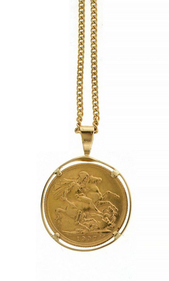 A 1911 full gold sovereign in a 9ct pendant mount with a 50cm long 9ct gold  belcher chain, weight to