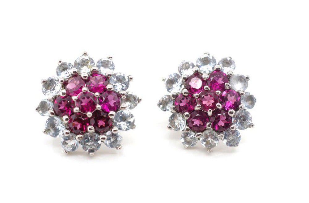 Aquamarine & Rhodolite Garnet Cluster Earrings with English Locks ...