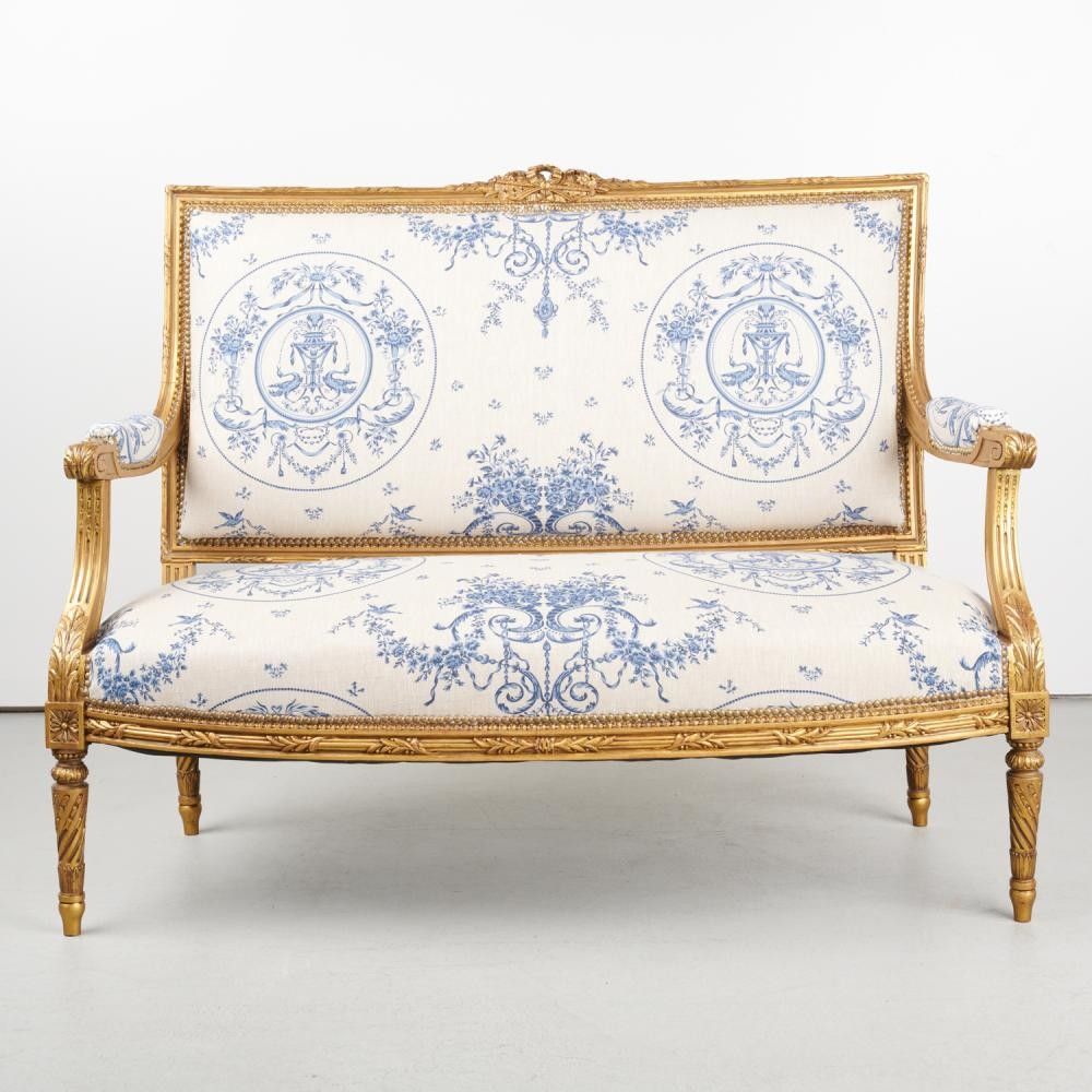 19th Century Louis XV Style Gilt-Framed Canape with Printed Linen ...
