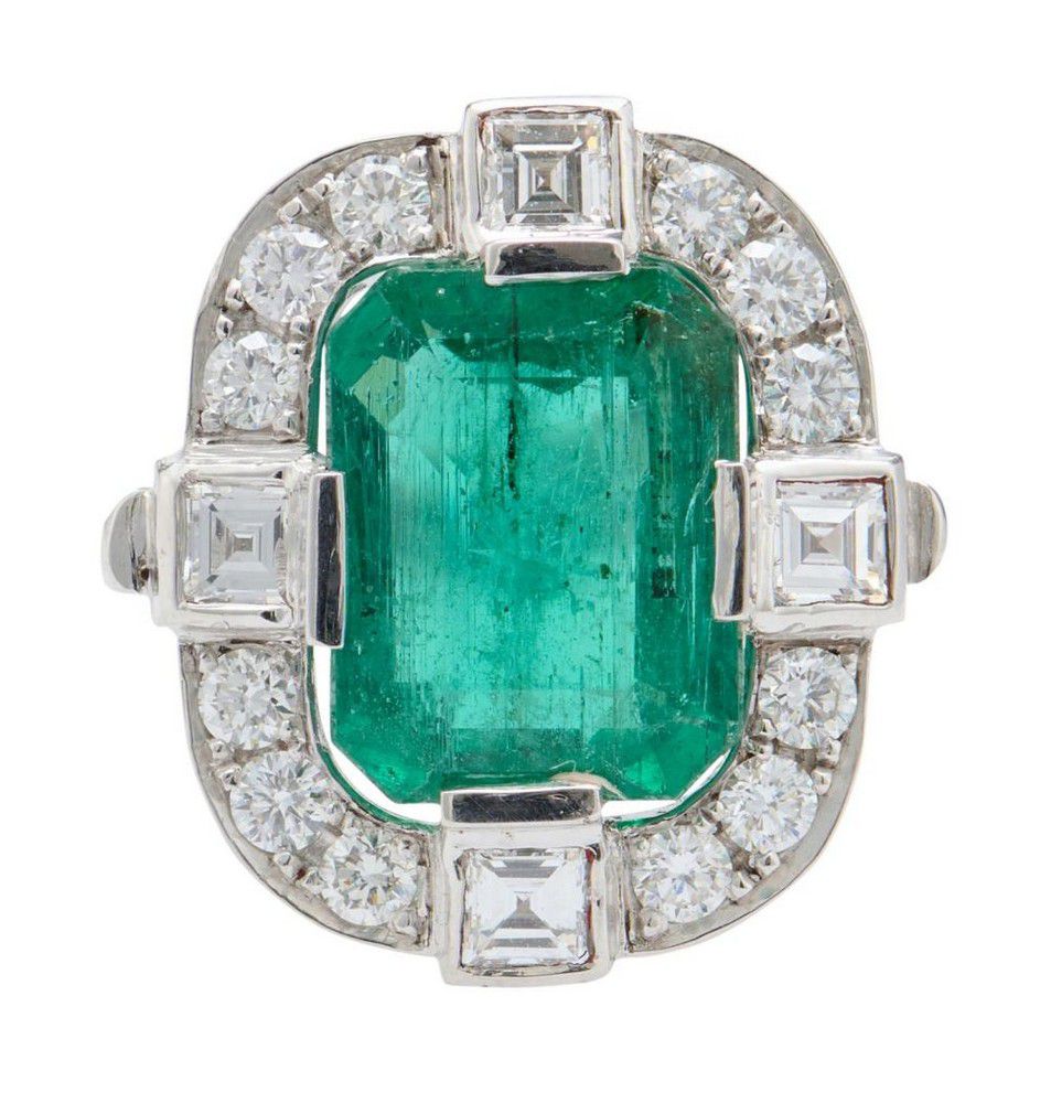 18ct white gold, emerald and diamond ring, of plaque design,… - Rings ...