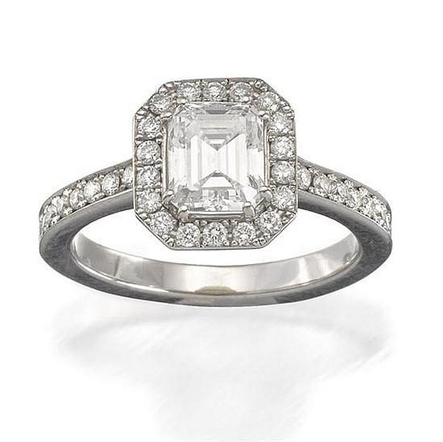 Emerald-Cut Diamond Ring with Brilliant-Cut Surround in White Gold ...