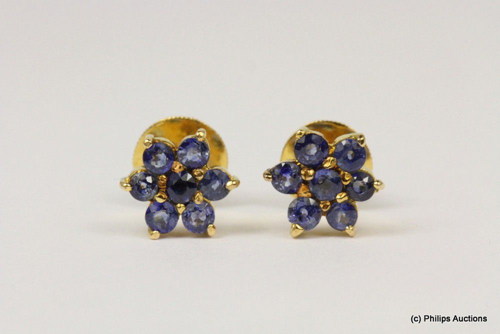 Floral Sapphire Cluster Earrings in 18ct Yellow Gold - Earrings - Jewellery