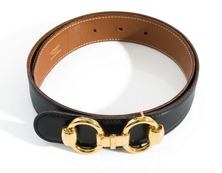 Hermes Black Leather Belt with Gold Buckle (boxed) - Belts - Costume ...