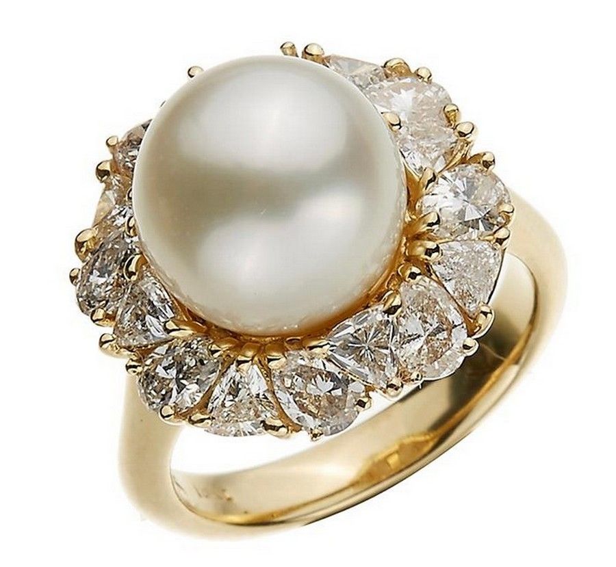 Pinkish White Pearl and Diamond Cluster Ring - Rings - Jewellery