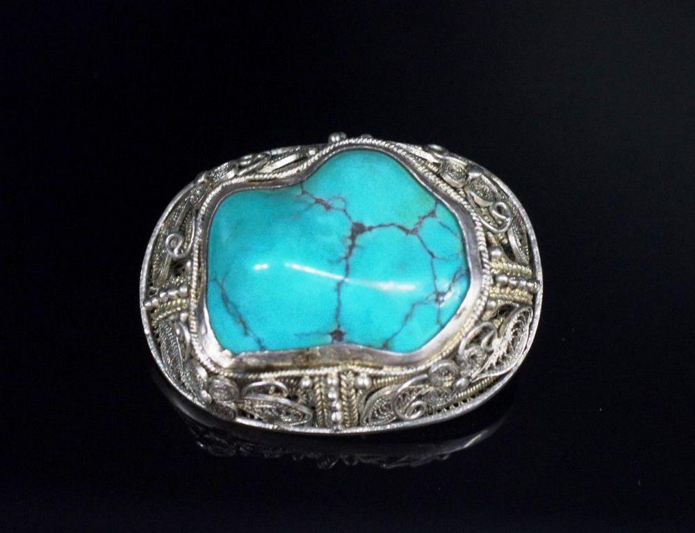 Chinese Silver Turquoise Filigree Brooch - Brooches - Jewellery