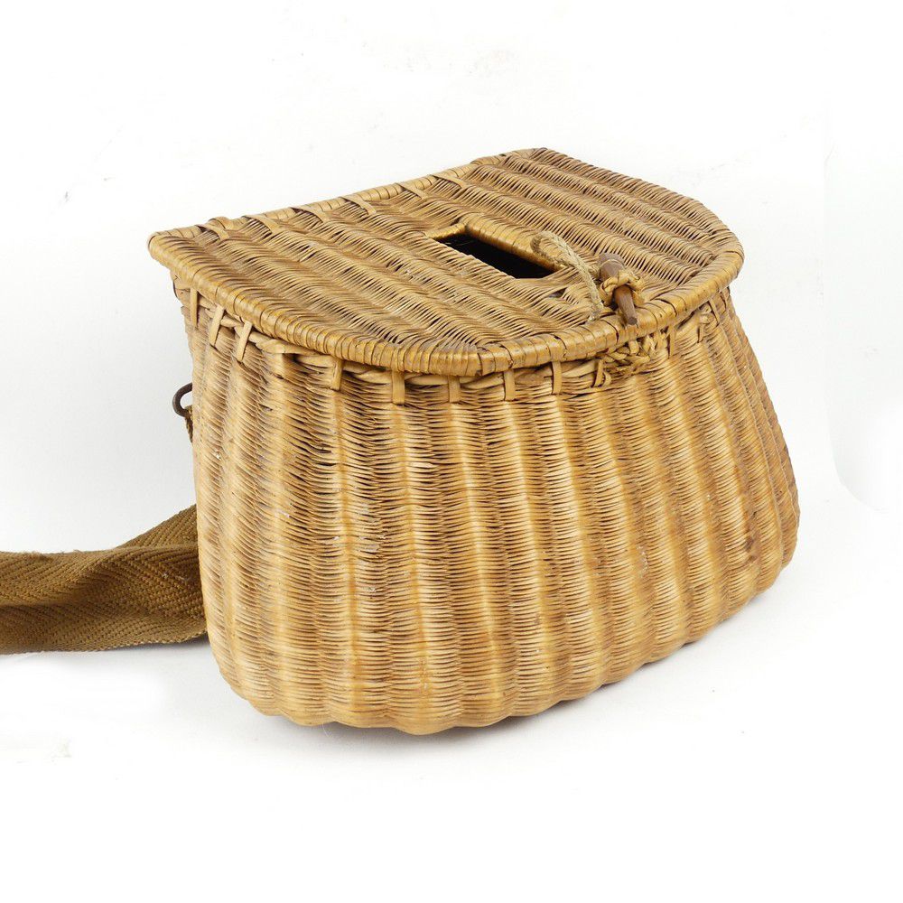 Miniature 1920s Wicker Fishing Creel with Leather Straps