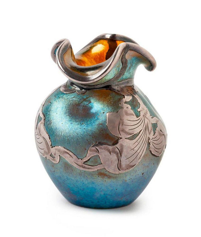A Loetz Silver Overlay Iridescent Glass Vase Circa 1900
