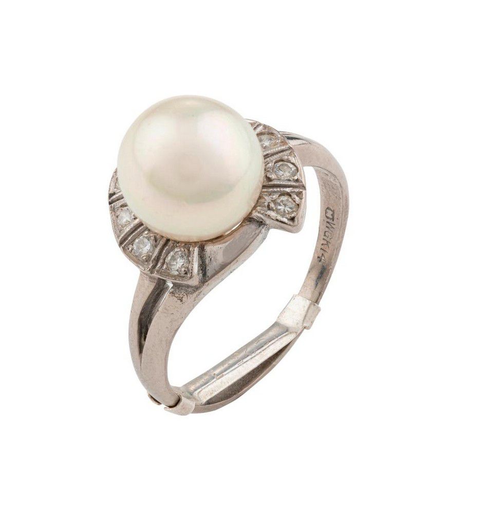 Mikimoto Pearl and Diamond Ring in 14ct White Gold - Rings - Jewellery