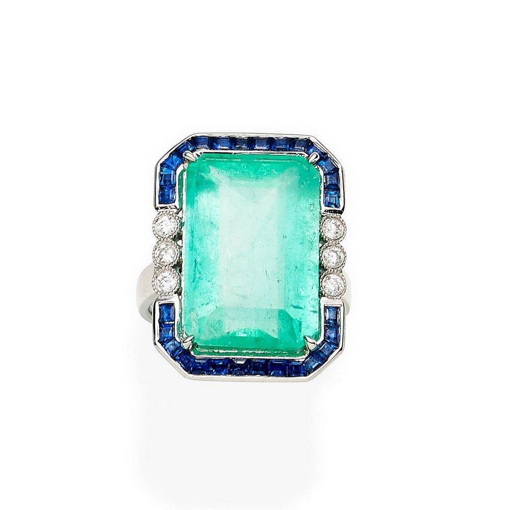 11.40ct Emerald Ring with Sapphire and Diamonds - Rings - Jewellery