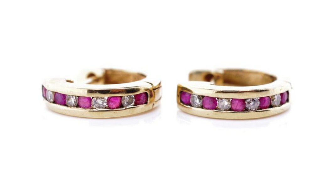 Diamond and ruby set 9ct yellow gold hoop earrings, marked 375