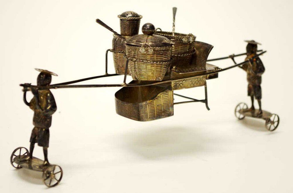 Chinese Silver Figural Cruet Set with Glass Liners and Spoons Zother