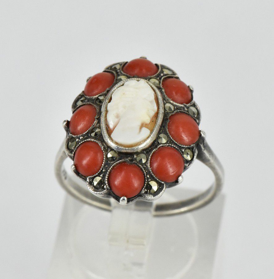 Shell Cameo Marcasite Coral Silver Ring - Size O - Rings - Jewellery