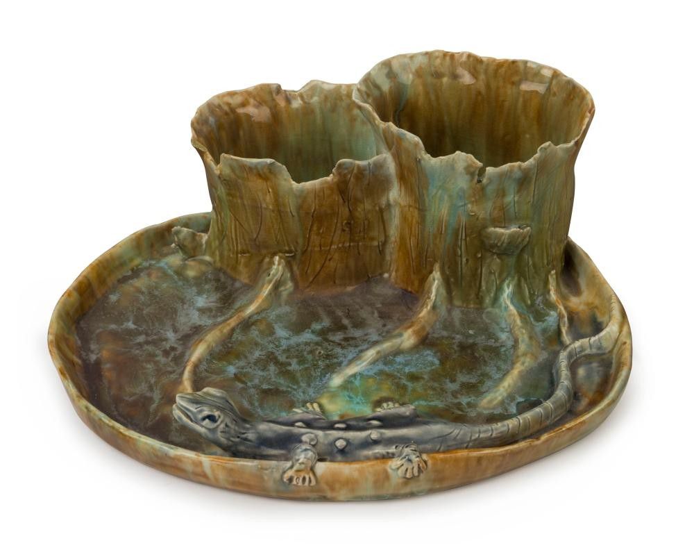 M. Johnson Pottery Tree Stump Tray with Lizard Decoration Australian