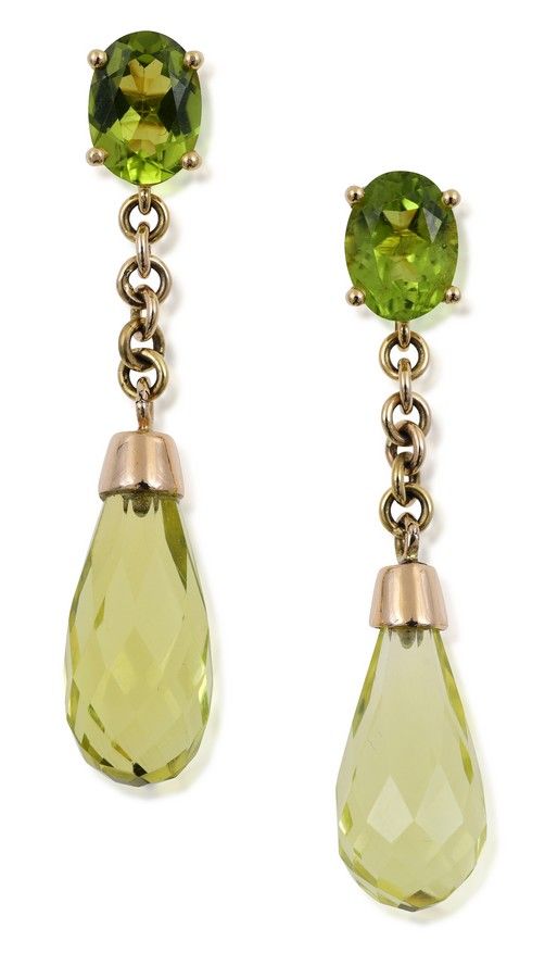 14ct Gold Peridot Drop Earrings with Briolette and Oval Cut - Earrings ...