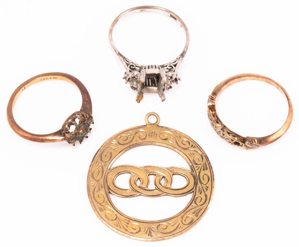 Gold ring mounts and a fob; 18ct ring, wt. 2.24g, 14ct white… Rings