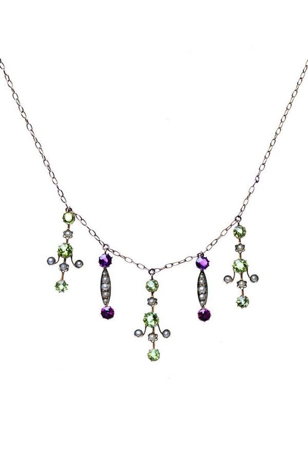 An Edwardian peridot, seed pearl and garnet pendant necklace ...