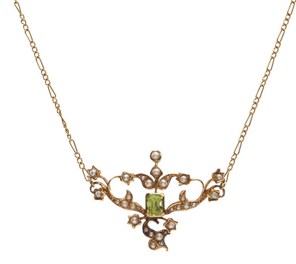 Antique Peridot & Seed Pearl Necklace in 15ct Gold - Pendants/Lockets ...
