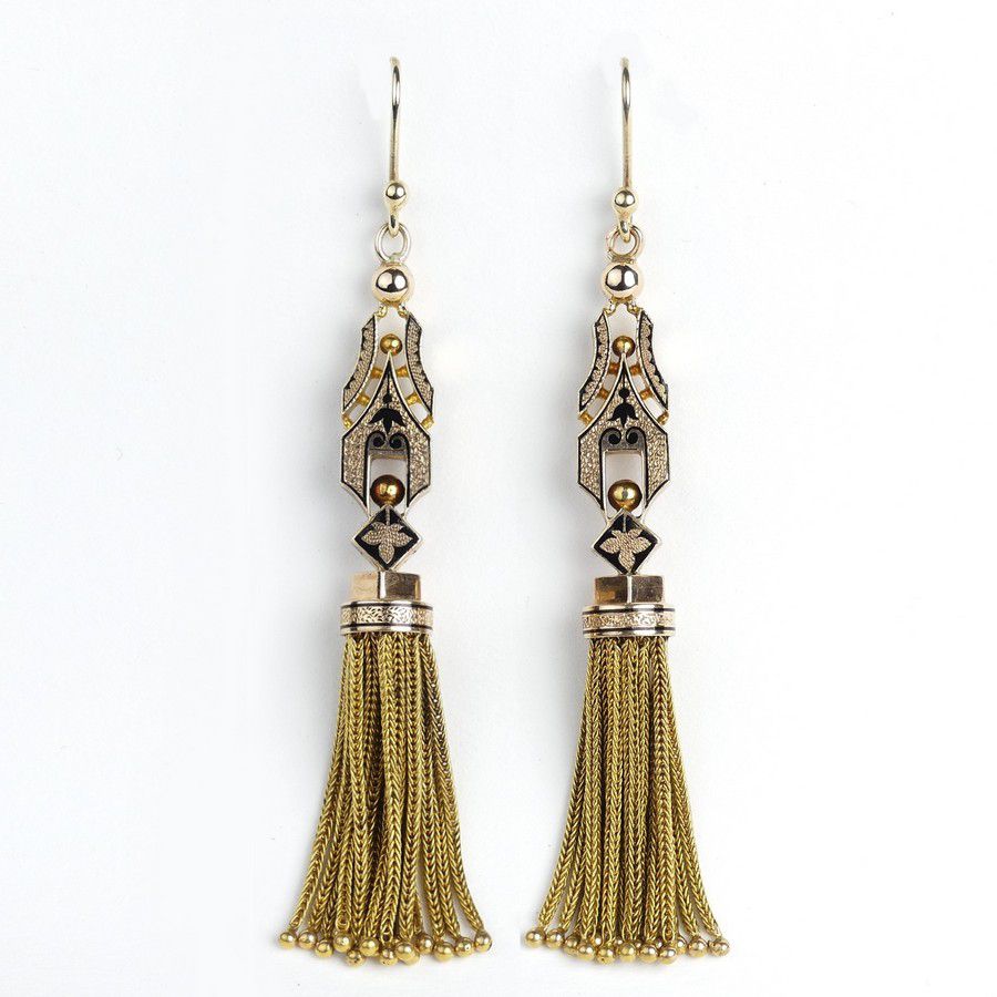 Victorian Enamel Tassel Earrings in 15ct. Gold - Necklace/Chain - Jewellery