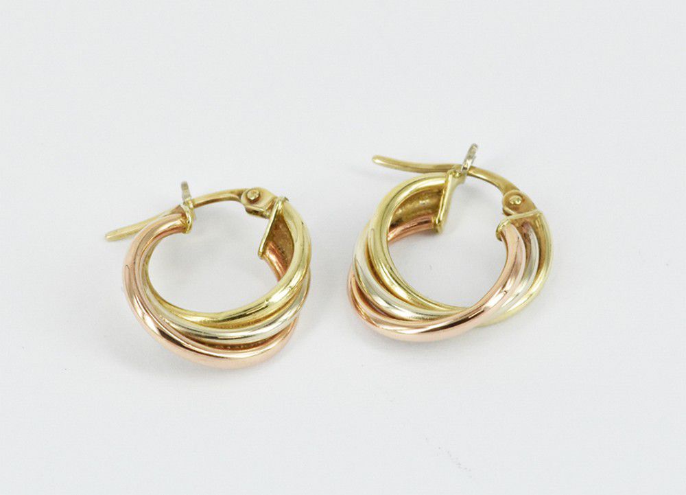 9ct Tri-Coloured Italian Gold Hoop Earrings - 1.9g - Earrings - Jewellery