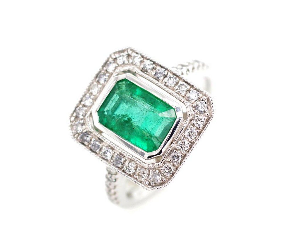 Emerald and Diamond 18ct White Gold Ring - Rings - Jewellery