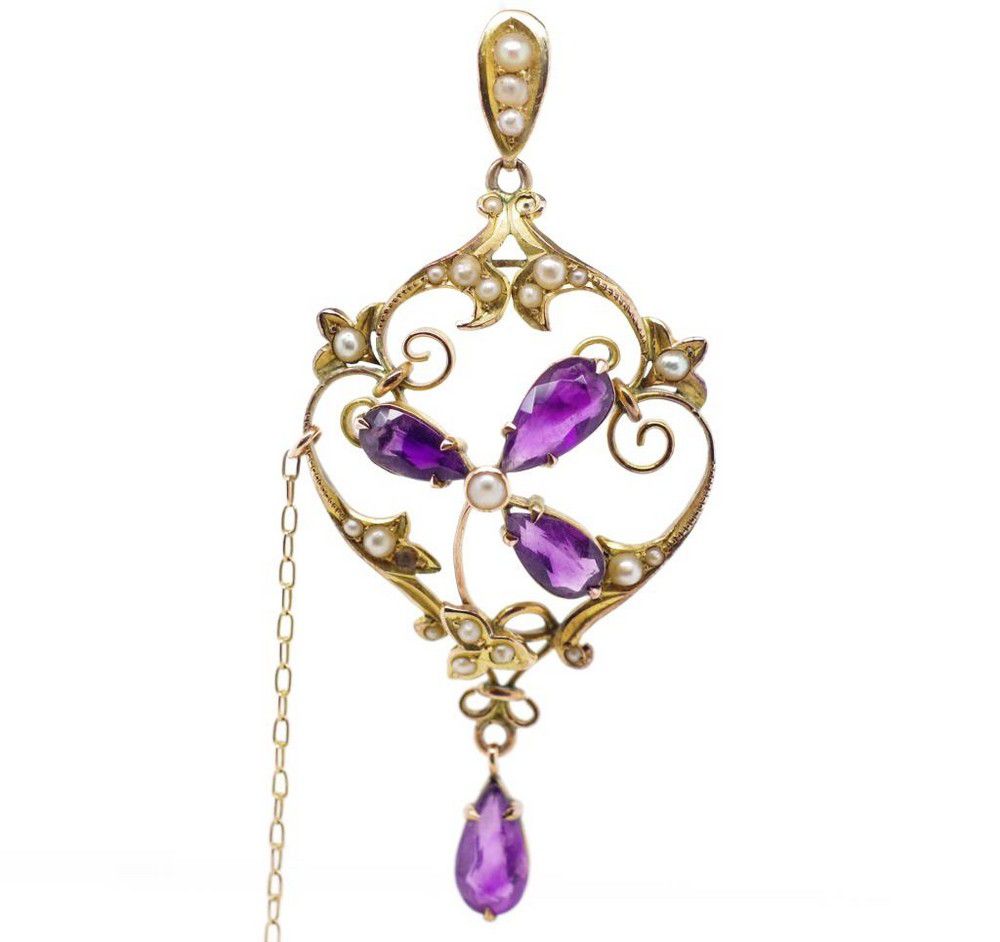 Edwardian 9ct gold amethyst & seed pearl pendant stamped 9ct ...