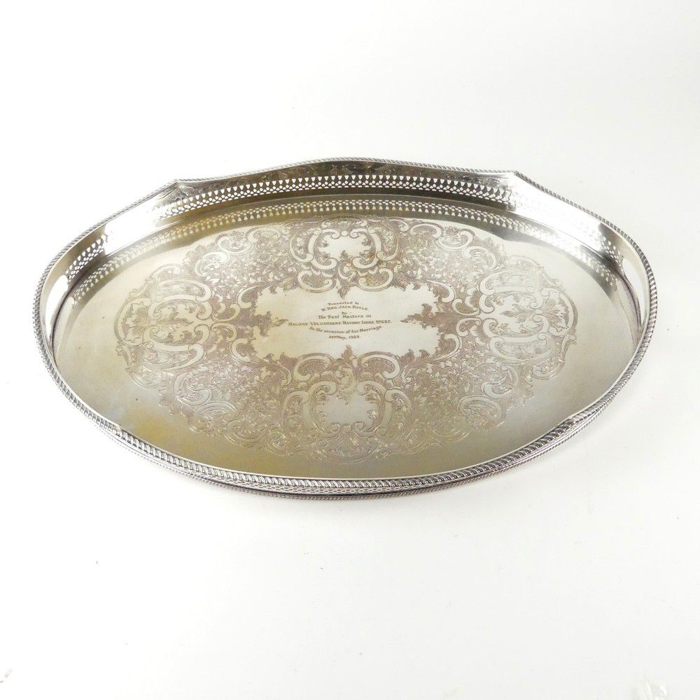 Silver Tray with Pierced Gallery and Engraving Trays, Salvers and