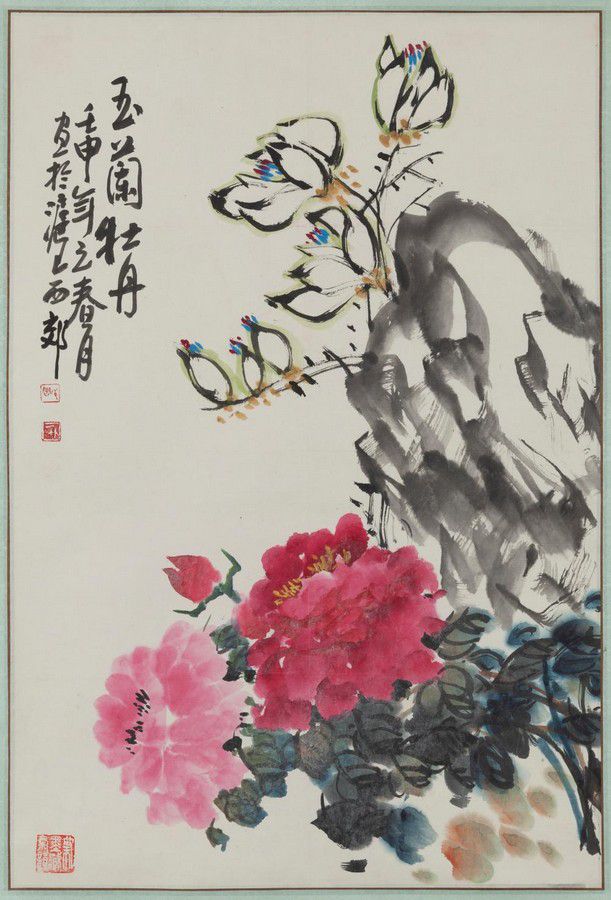 Orchid & Peony: Chinese Hanging Scroll with Red Seals - Art - Oriental