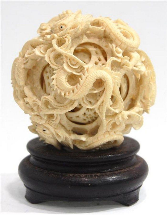 Dragon Puzzle Ball on Stand - Ivory - Oriental