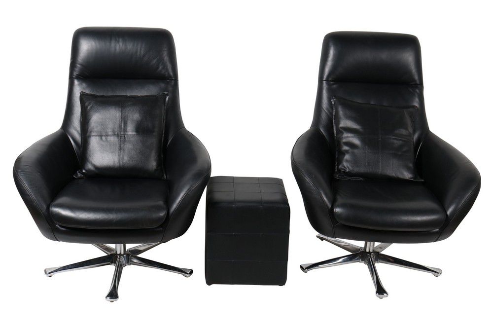 Black Leather Swivel Chairs with Ottoman and Chrome Legs Seating