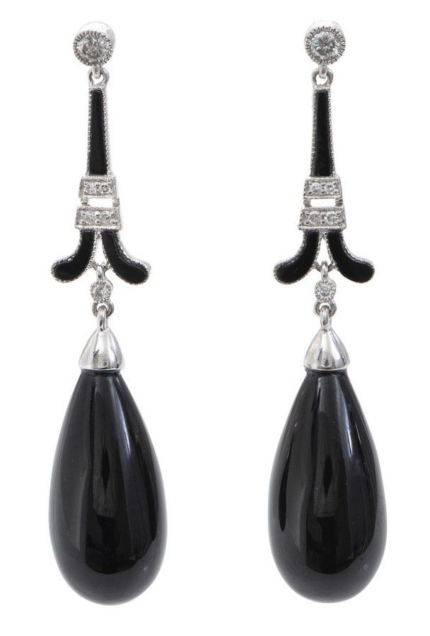 Art Deco Onyx and Diamond Earrings in 18ct White Gold - Earrings ...