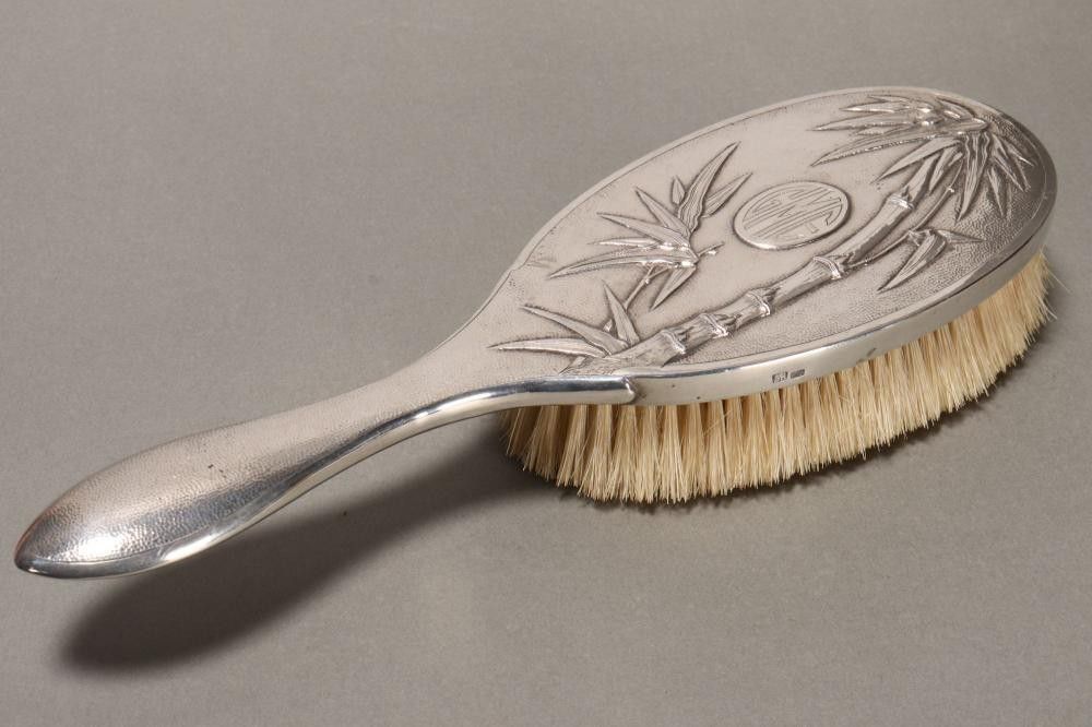 Bamboo Motif Silver Hair Brush with Monogram Zother Oriental