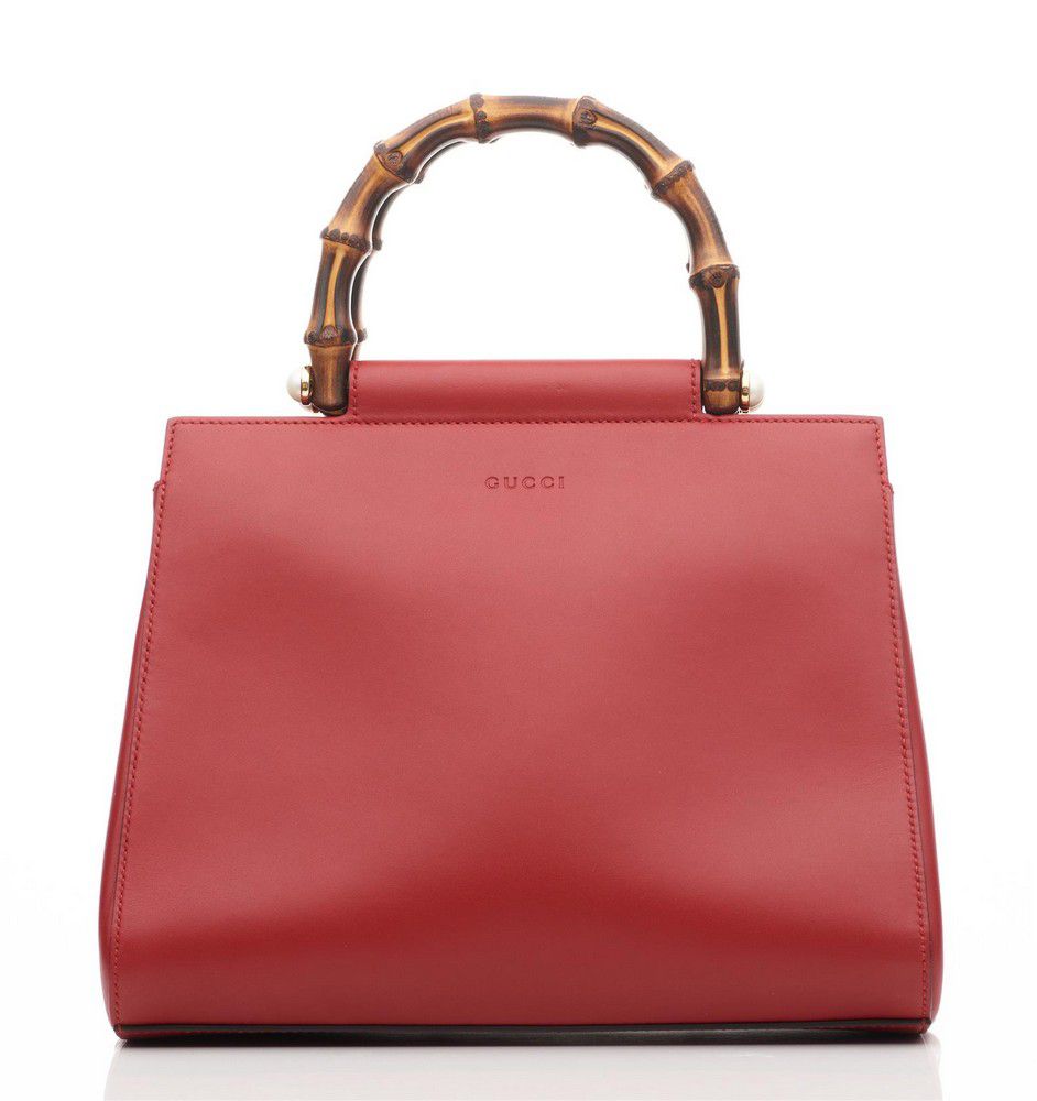 Gucci Red Leather Handbag with Bamboo Handle and Pearls - Handbags ...