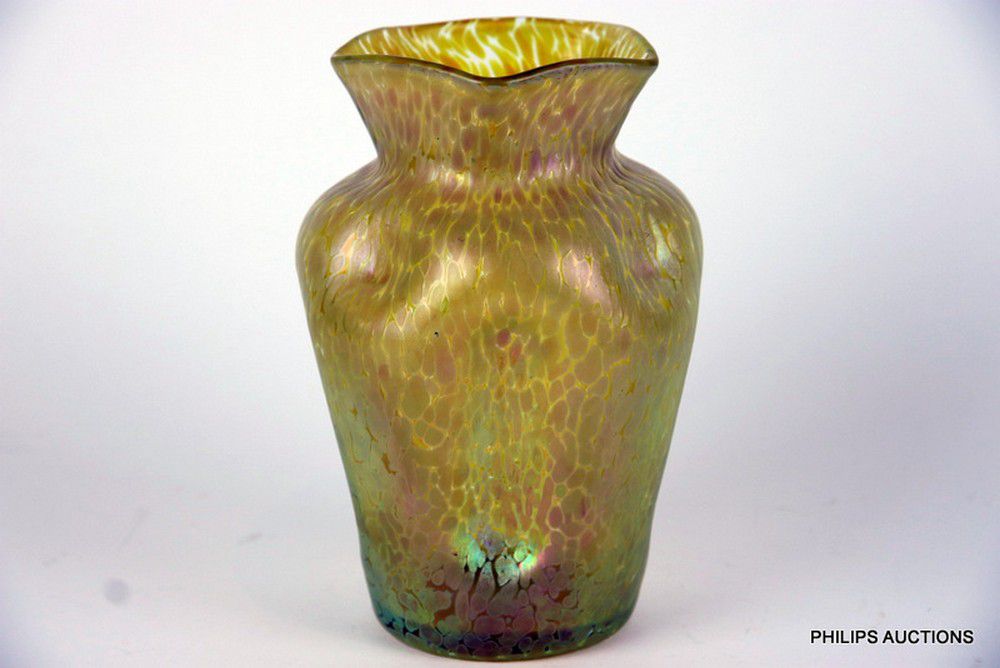 Iridescent Loetz Style Bohemian Vase With Gold Oil Spots European Glass