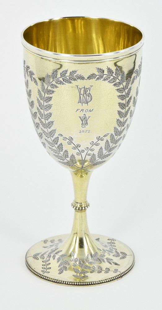 Victorian Gilt Sterling Silver Engraved Goblet Mugs Cups Goblets Victorian Gilt Sterling Silver Engraved Goblet Mugs Cups Goblets