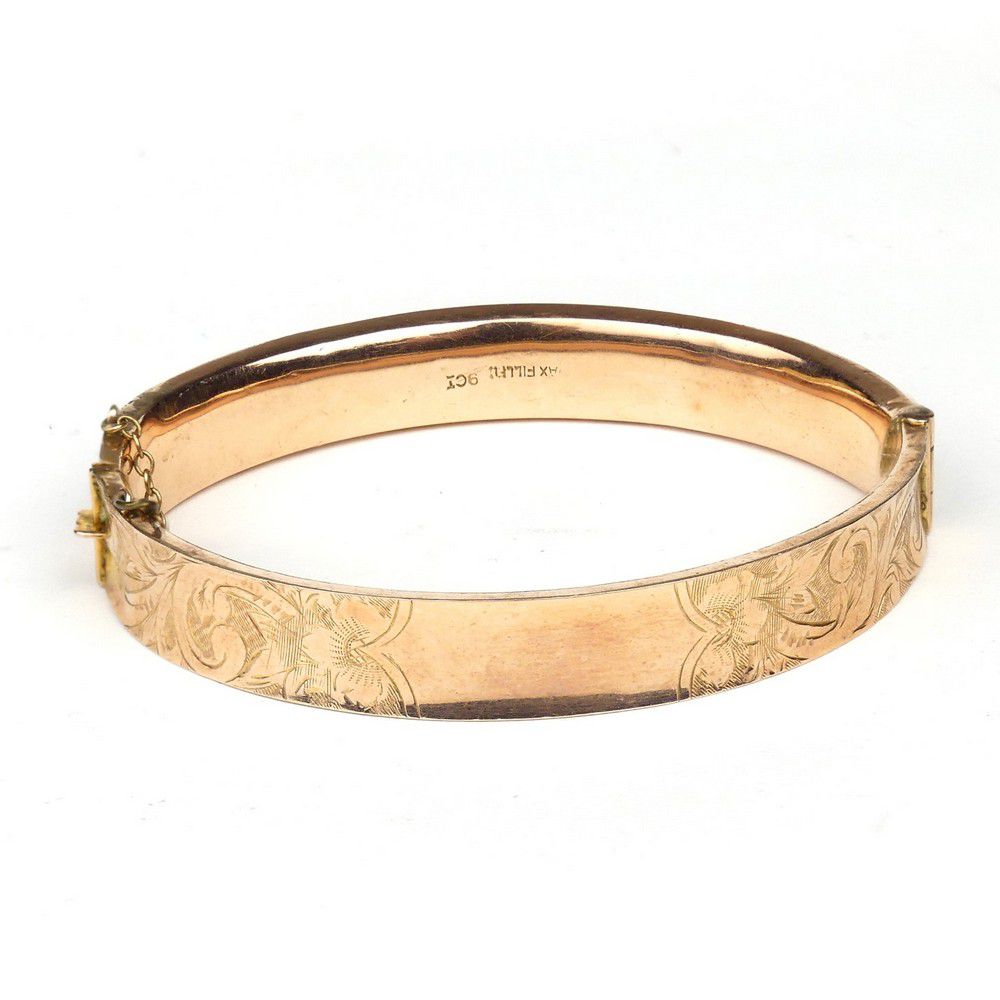 Engraved 9ct Rose Gold Hinged Bangle with Safety Chain - Bracelets ...