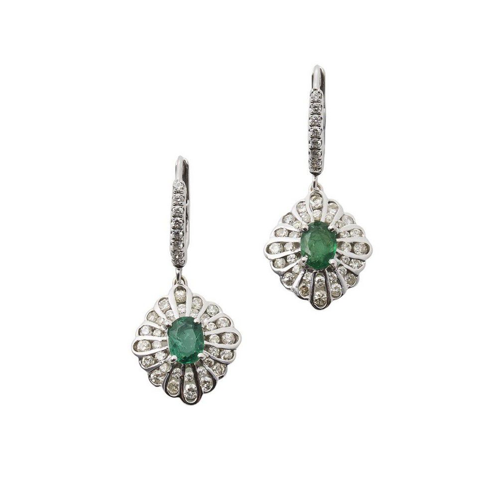 Emerald and Diamond Drop Earrings in White Gold - Earrings - Jewellery