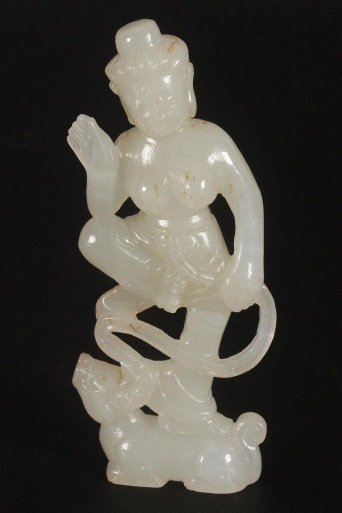 Carved White Jade Deity on Mythical Creature - Zother - Oriental