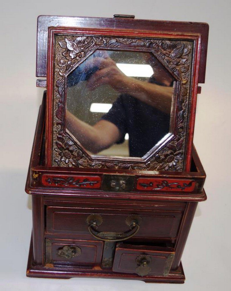Chinese Wooden Vanity Box with FoldAway Mirror and Drawers Zother Oriental